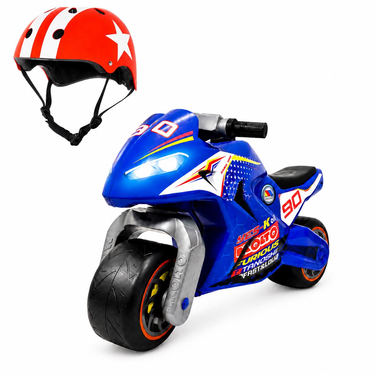 Moltó Cross Blue Ride-On Motorcycle Pack with Red ABS Helmet. Online exclusive. Suitable for ages 18 months and up.