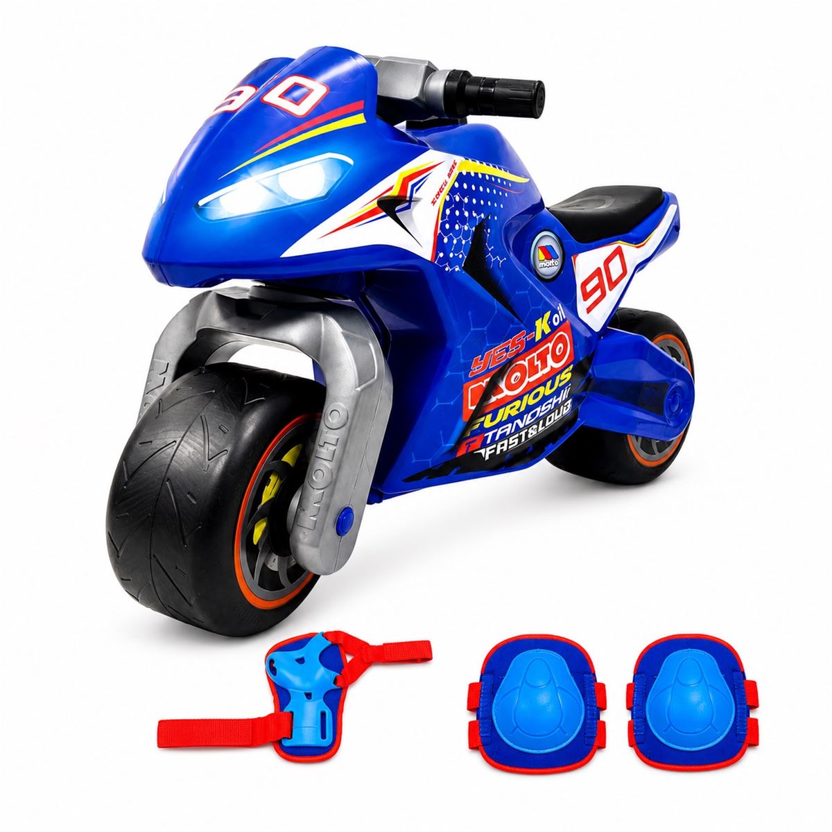 Blue Ride-On Motorcycle Pack with Moltó Cross Blue Protective Gear. Suitable from 18 months.