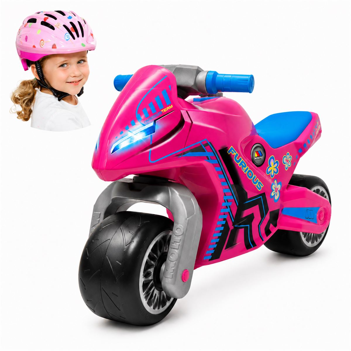 Pink Ride-On Motorcycle Pack with Moltó Cross Pink Helmet. Suitable from 18 months.