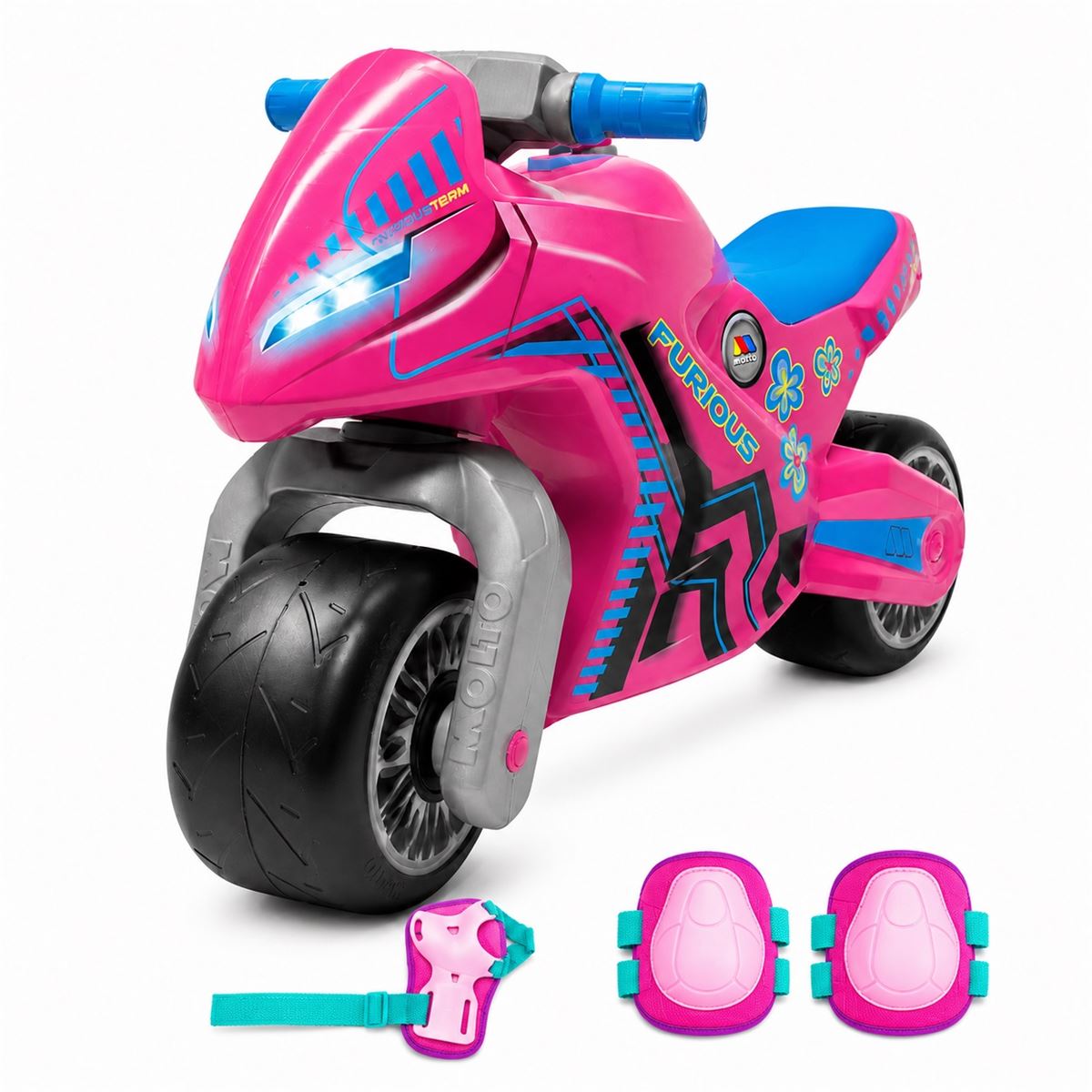 Pink Ride-On Motorcycle Pack with Moltó Cross Pink Protective Gear. Suitable from 18 months.