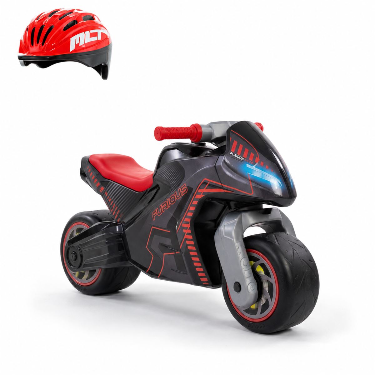 Black Ride-On Motorcycle Pack with Moltó Cross Black Helmet. Suitable from 18 months.