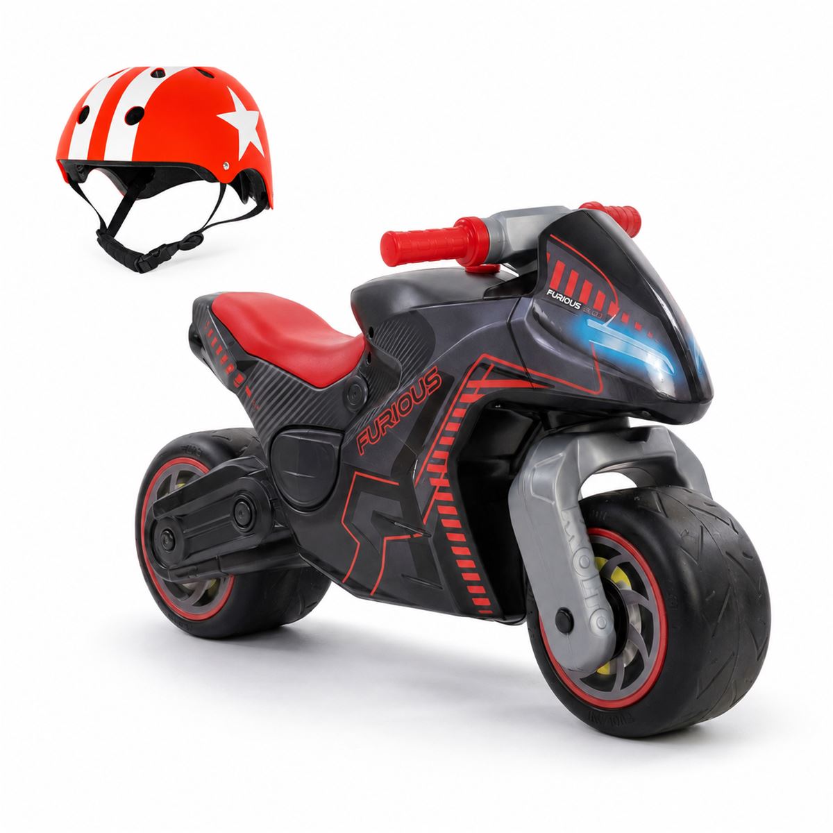 Moltó Cross Black Ride-On Motorcycle Pack with ABS Helmet. Suitable from 18 months.