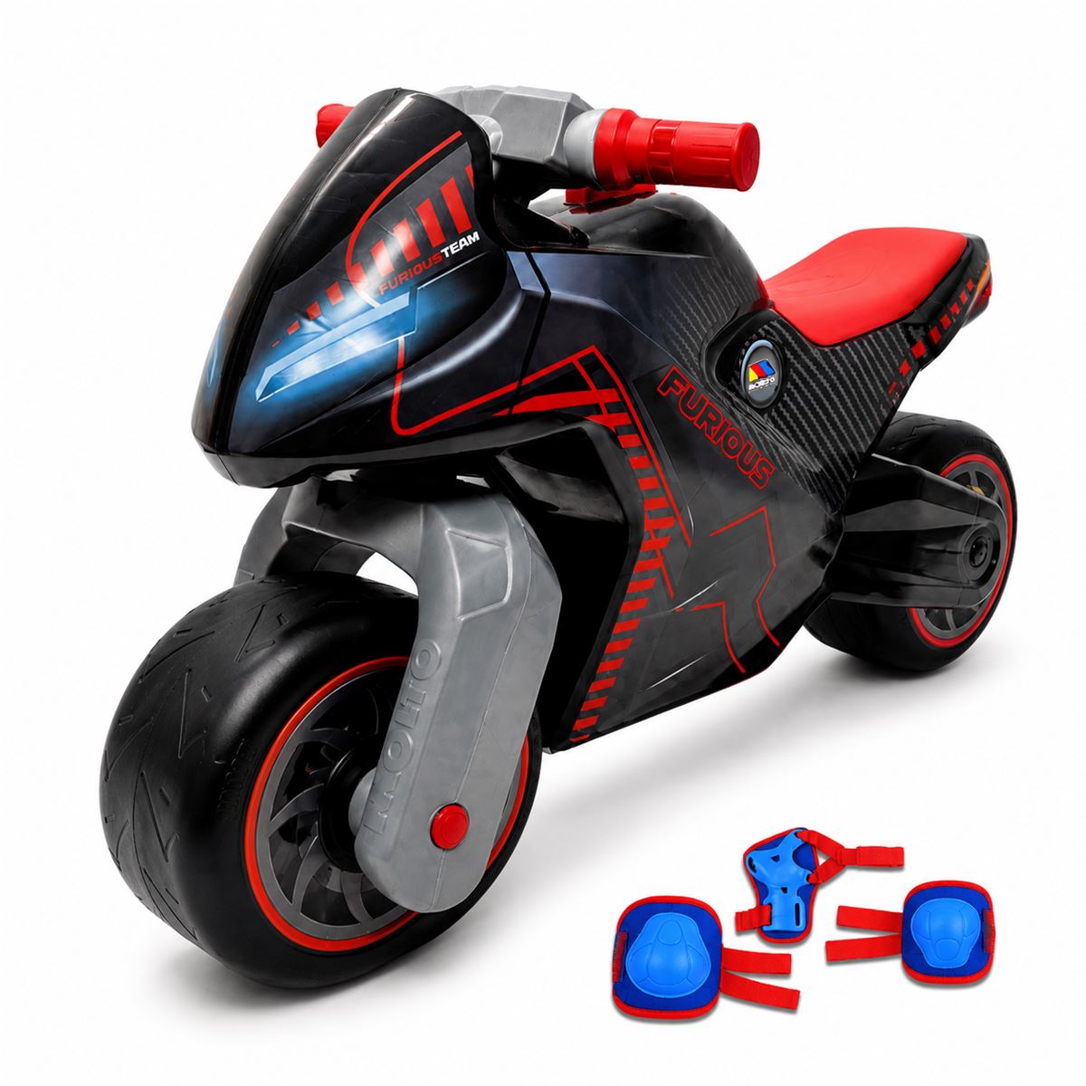 Pack Moto Correpasillos Negra con Protecciones Moltó Cross Black. A partir de 18 meses.